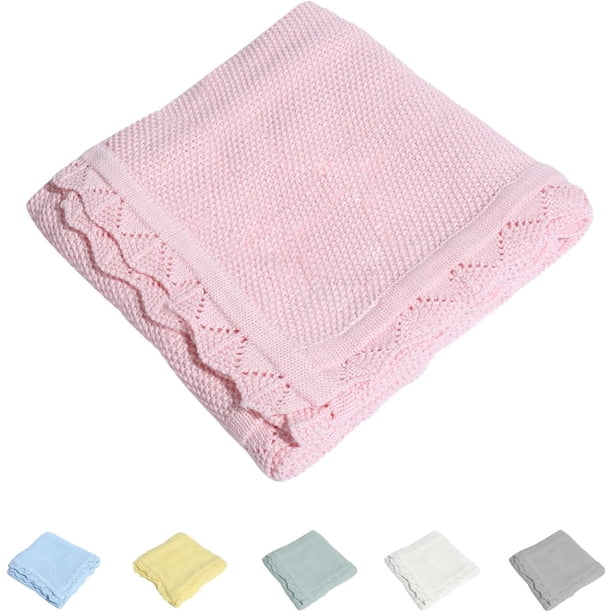 Manta de punto 100% algodón para bebé, suave, cálida, con encaje para recién nacidos, 30 x 40 pulgadas, color rosa claro