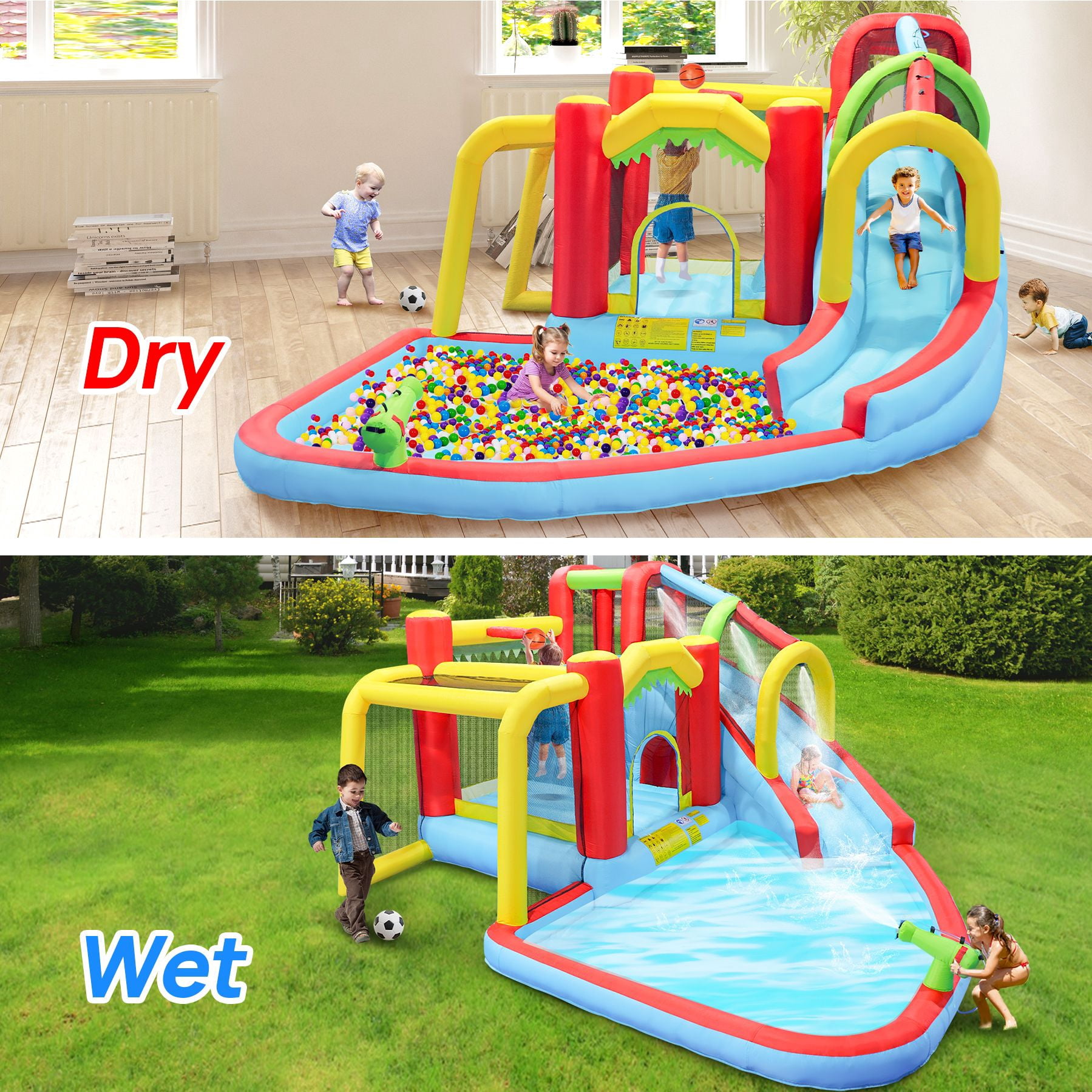 7 In 1 Inflatable Slide Water Park Bouncing House Outdoor Soccer Garden Bouncer With Splash Pool & Water Gun & Climbing Wall & Basketball & Football