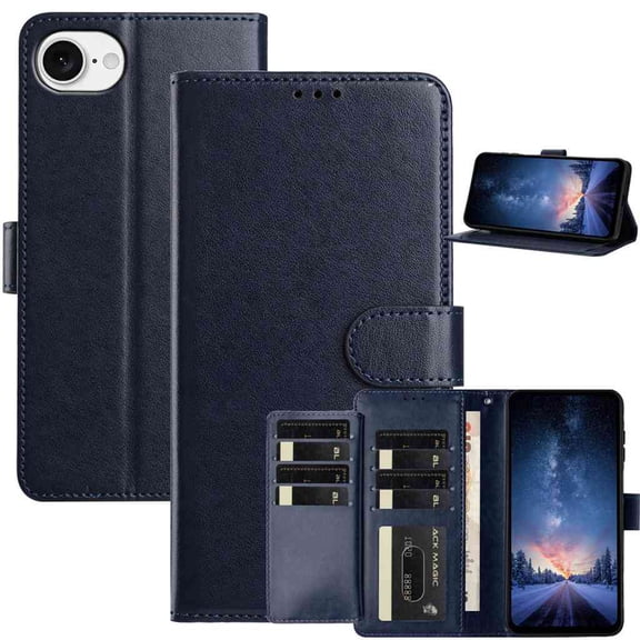 Wallet Case for iPhone 16e/17e, Premium PU Leather Flip Cover with Credit Card Slots Kickstand Magnetic Clasp Durable Protective Business Phone Case, Darkblue