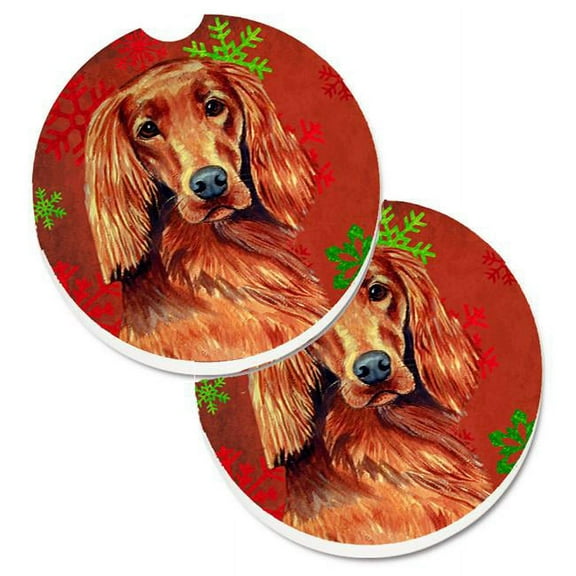 Irish Setter Red & Green Snowflakes Holiday Christmas Set of 2 Cup Holder Car Coaster