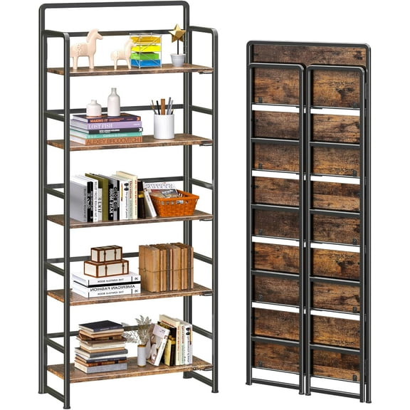 No Assembly 5 Tiers Folding Bookshelf Storage Shelves Vintage Bookcase Standing Racks Study Organizer Home Office (Rustic Brown Black)