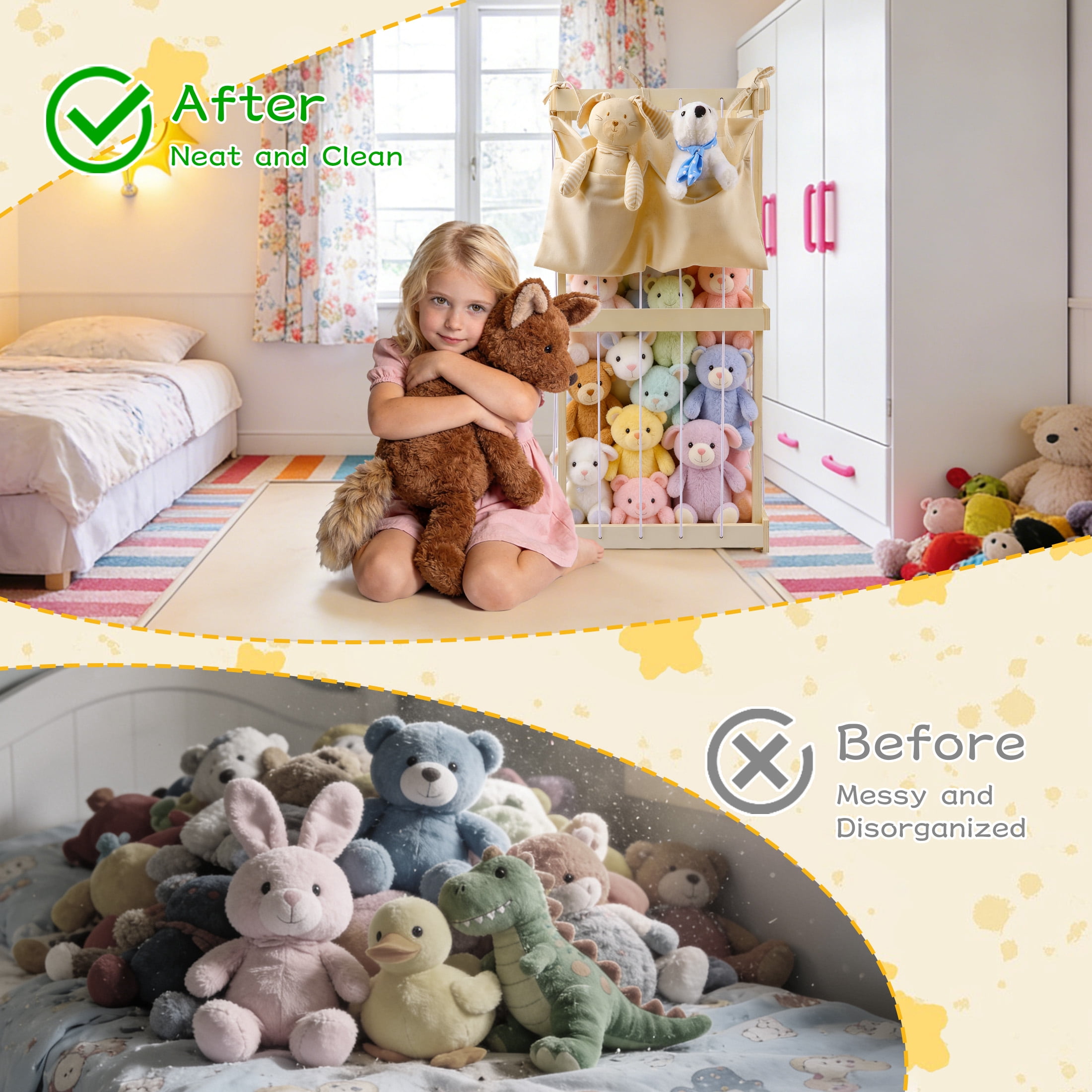 WETRBWEH Wooden Stuffed Animal Storage with Removable Hanging Storage Net, Large Toy Organizers and Storage, Stuffed Animal Holder for Toddler Rooms