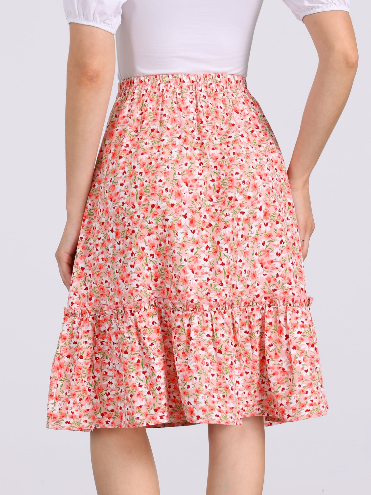 DARING DIVA Women's Knee Length Floral Elastic Waist Tiered Ruffle Skirt L Light Pink