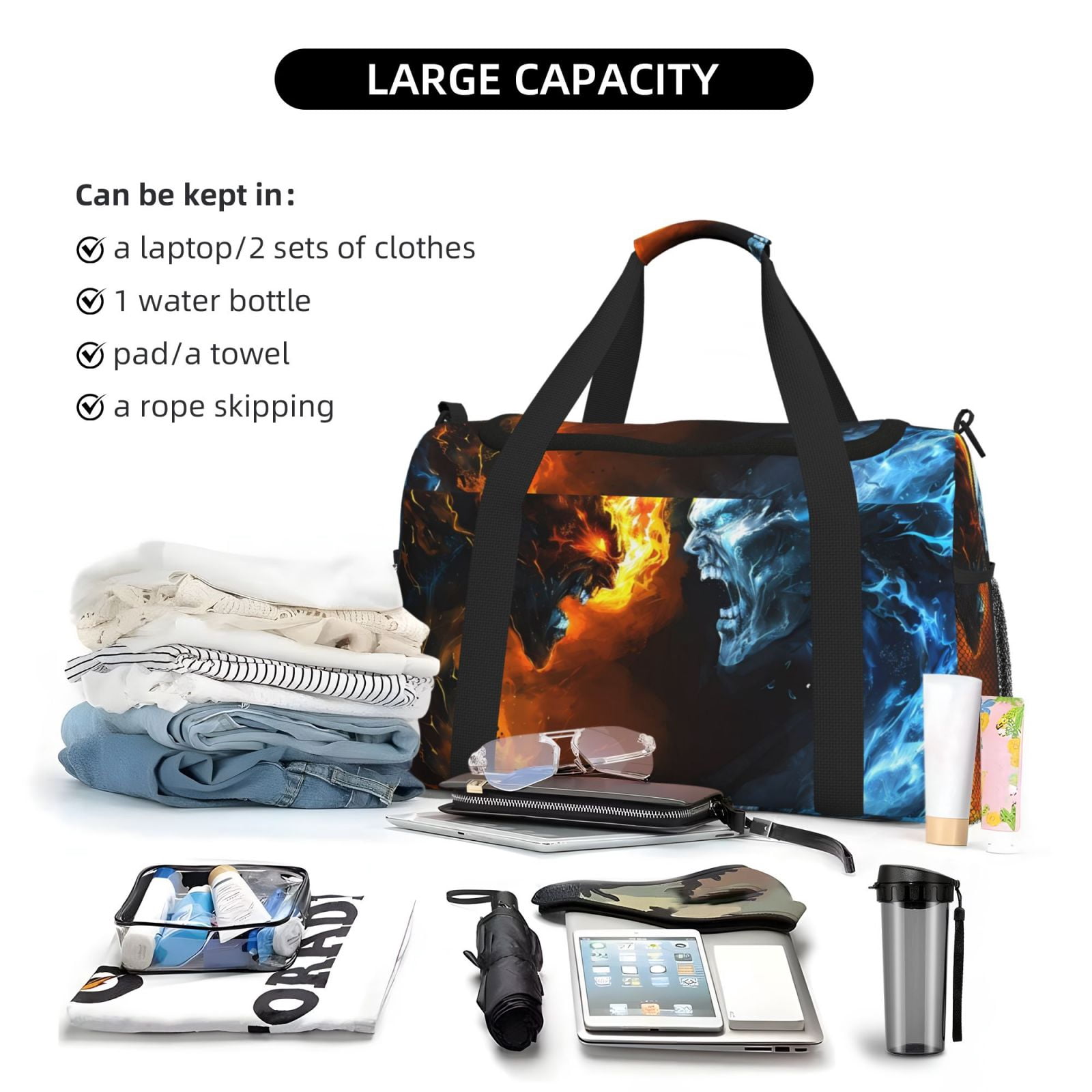 Fuzoiu Red And Blue Fire Skull Warrior Print Travel Duffle Bag,Carry On Tote Bags,Duffel Bag,Sport Gym Bag, Hospital Bag for Labor and Delivery, Overnight Bag,Luggage Bag