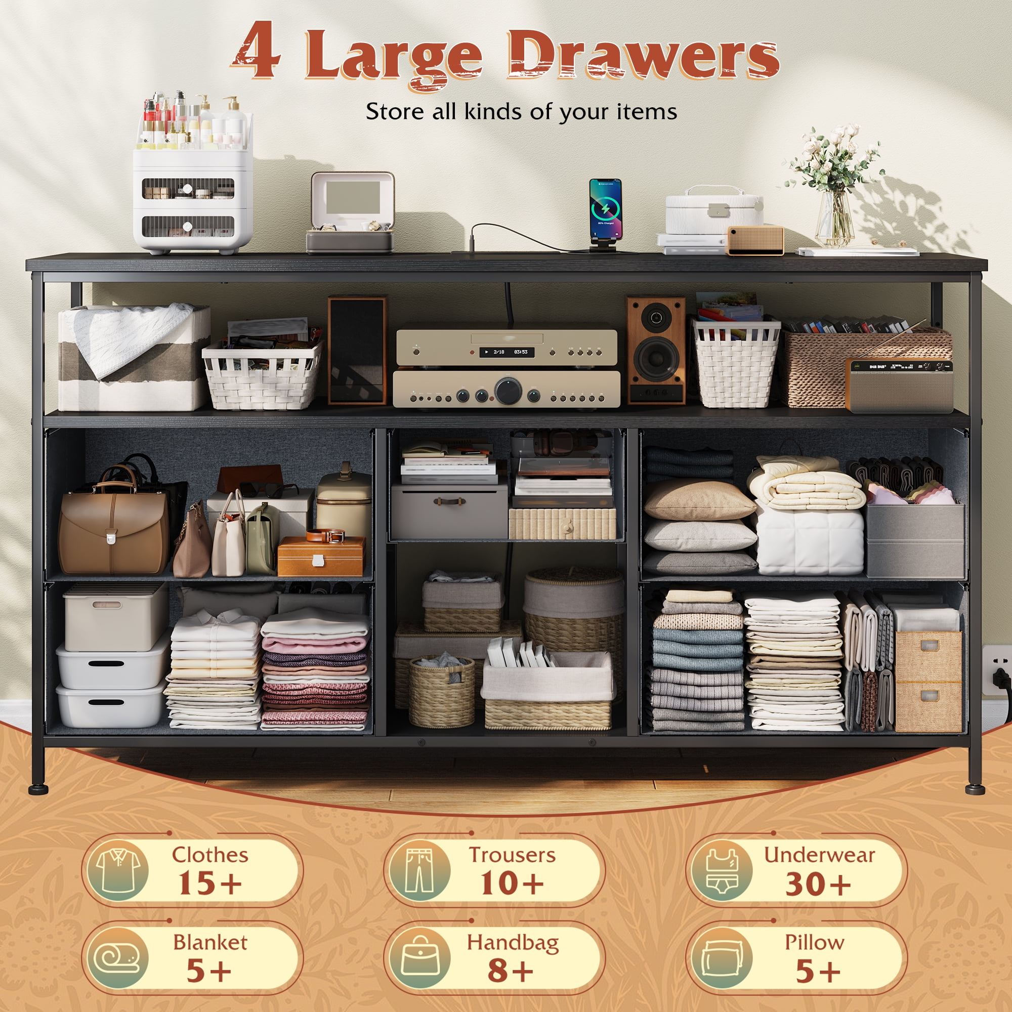 EnHomee Wide Dresser with 5 Drawers TV Stand for 50"Inch TV,Dressers for Bedroom with LED Lights & Power Outlets,Gray