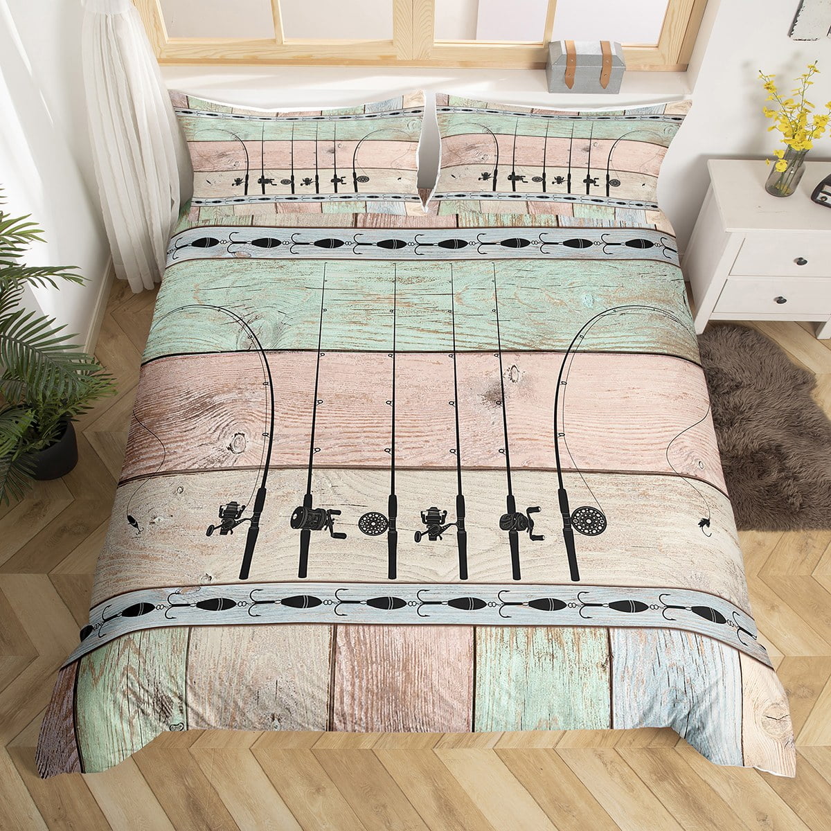  Fish Bedspread Set Fishing Gifts for Men,Ice Fishing Gear Quilt  Set Fishing Coverlet Set Retro Watercolor Wood Fishhook Coverlet Set  Twin,Angling Outdoor Sports Rustic Home Decor Gift for Fisherman : Home