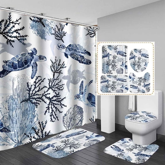 4PCS Beach Shower Curtain Sets With Rugs, Waterproof Fabric Teal Shower Curtain, Rustic Farmhouse Summer Sea Ocean Starfish Seashell Conch Coral Sailboat Anchor Coastal Nautical Bathroom Decor