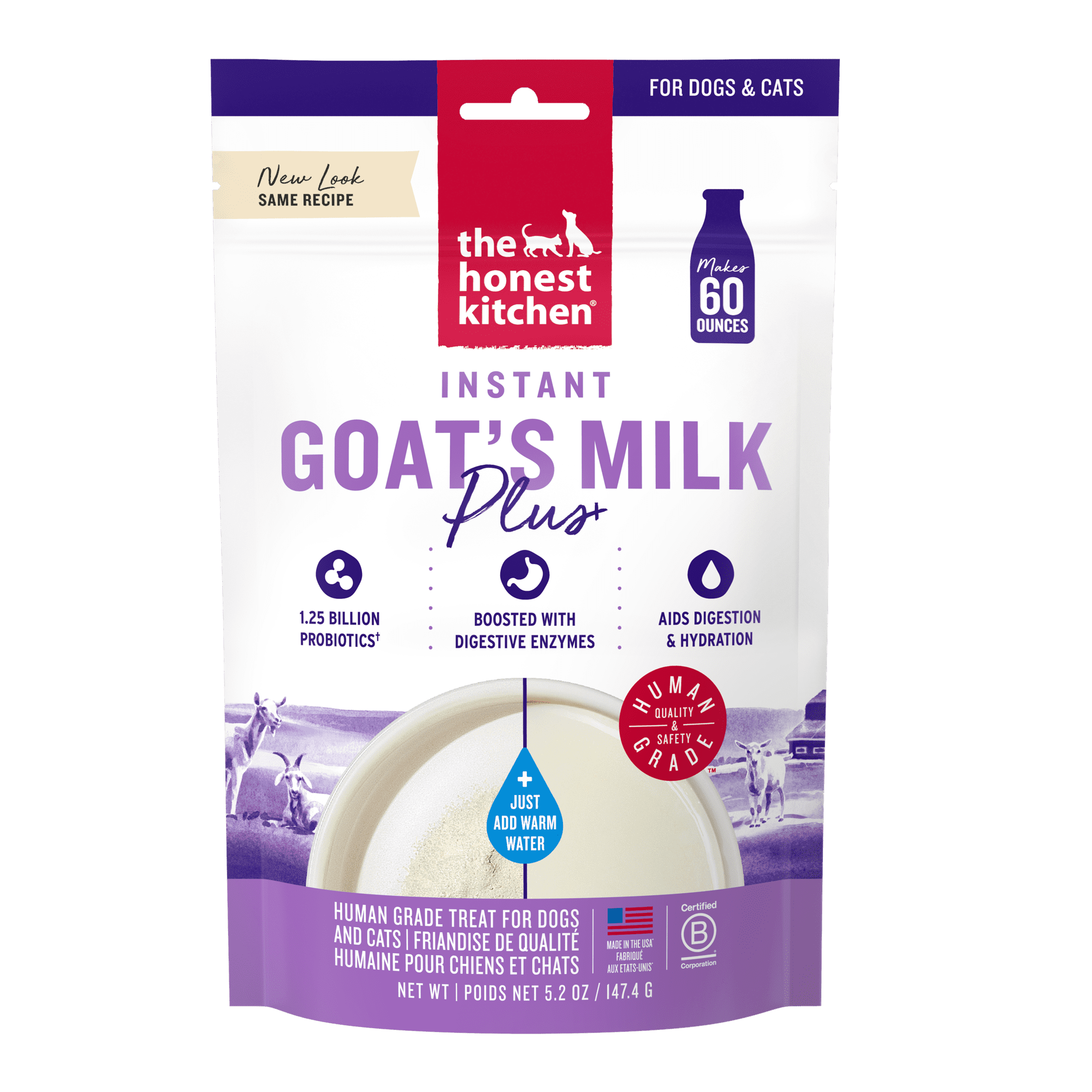 The Honest Kitchen Instant Goat’s Milk with Probiotics for Dogs and Cats, Human Grade Powder Drink Mix, Digestive Health Support, Food Topper or Treat, Just Add Water, 5.2 oz Pouch Makes 60 oz