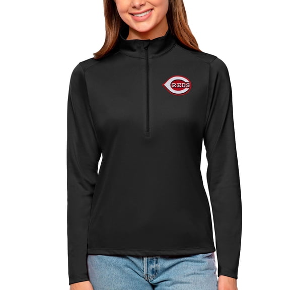 Women's Antigua Black Cincinnati Reds Tribute Quarter-Zip Pullover Top