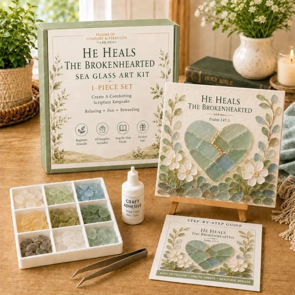 Psalms of Comfort & Strength Sea Glass Art Kit - Christian DIY Craft Kit, Scripture Wall Art Decor, Religious Gift for Women, Perfect for Faith-Based Gifting(He Heals The Brokenhearted)