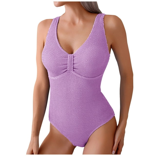 Sexy One Piece Bathing Suit for Women Solid Color Texture Monokini Swimwear Ruched V Neck Low Back Swimsuits
