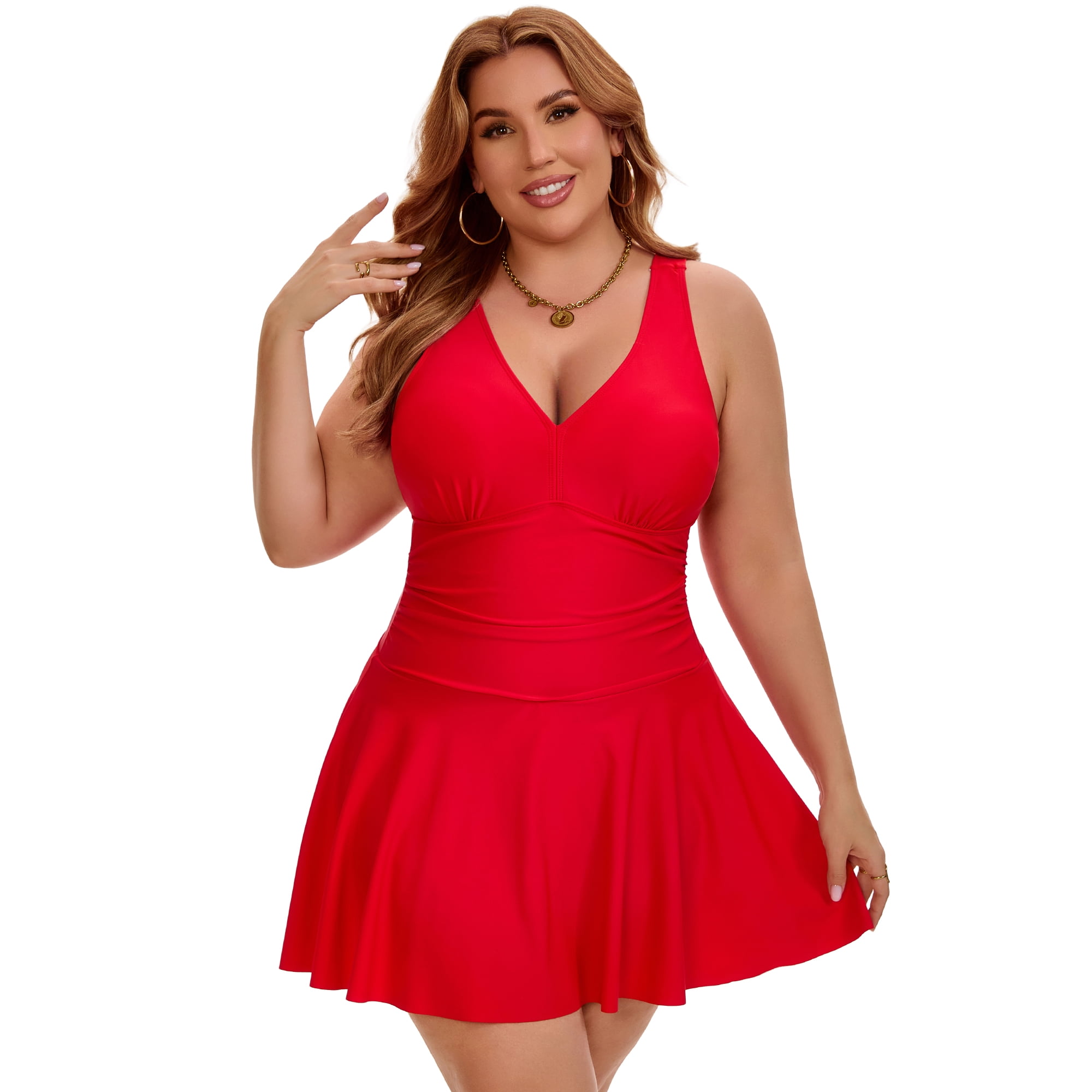 DARING DIVA Women's Plus Tummy Control Summer Beach Swimdress 2X Red