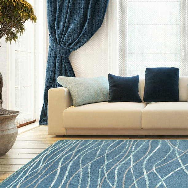 LR Home Grace 5x7 Abstract Coastal Wavy Lines Blue Indoor Area Rug