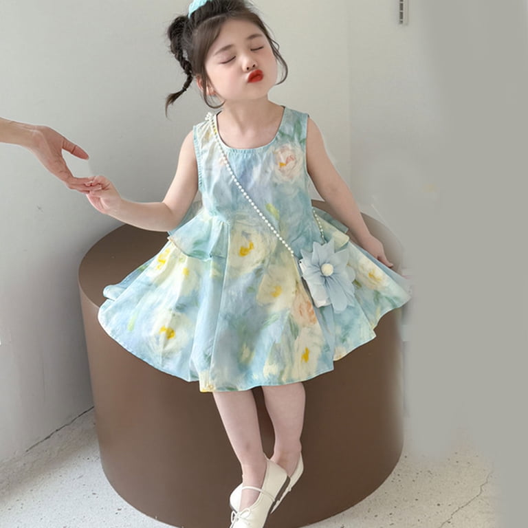 2pcs girls party dresses 2Pcs/pack Girls Party Dress and Pearls Bag Comfortable Sleeveless Design  Quick Changing Outfits for Kids Age 2-9T
