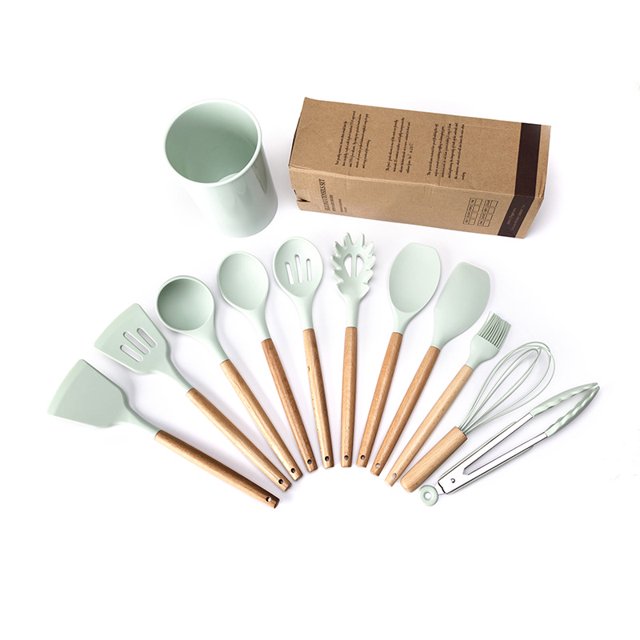 Utensilios de cocina de silicona, 12 piezas, sartén antiadherente, utensilios de cocina, espátula con mango de madera, cuchara para sopa, raspador, traje
