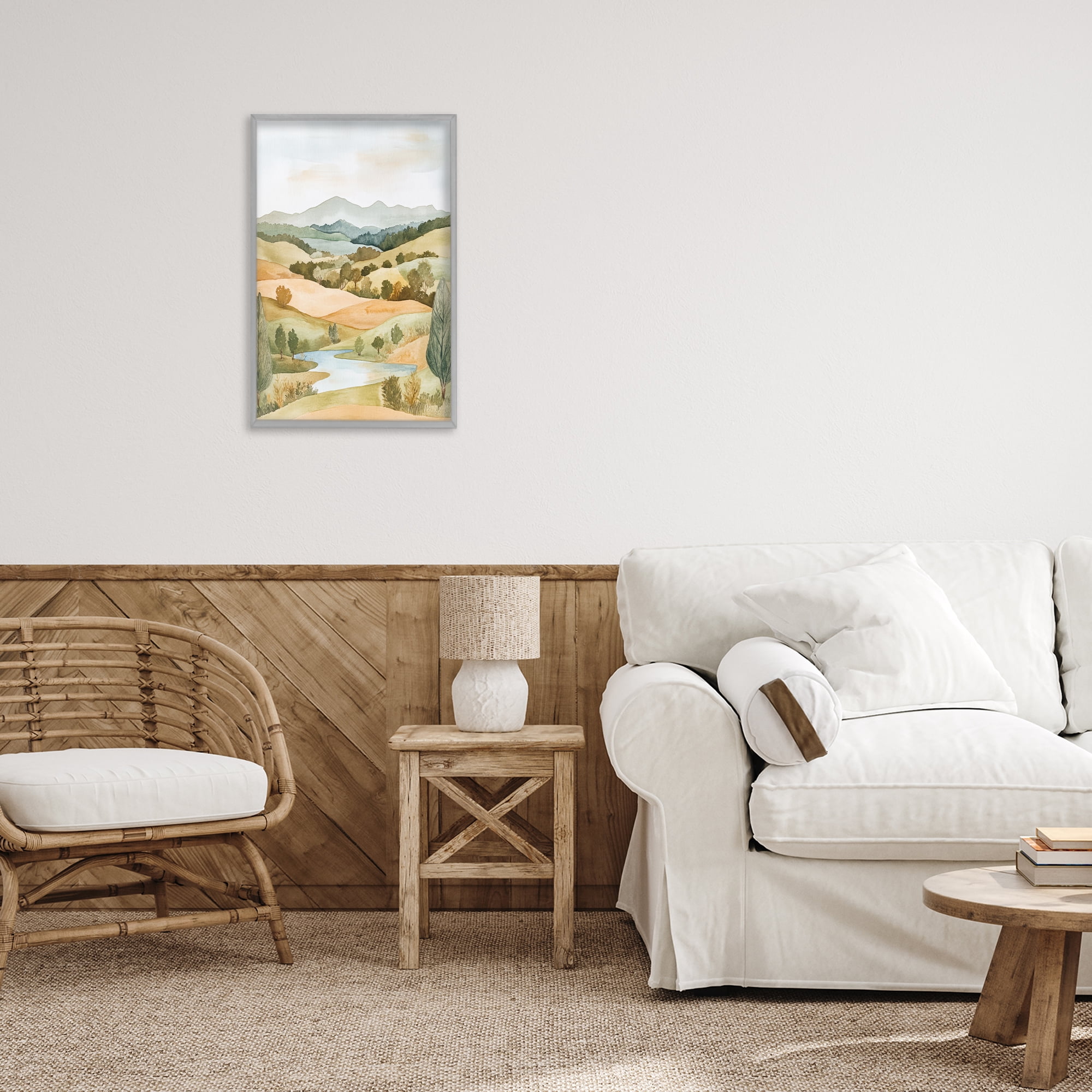 Stupell Industries Watercolor Hills & Tranquil Valley Gray Framed Giclee Art, design by Petal Prints Design