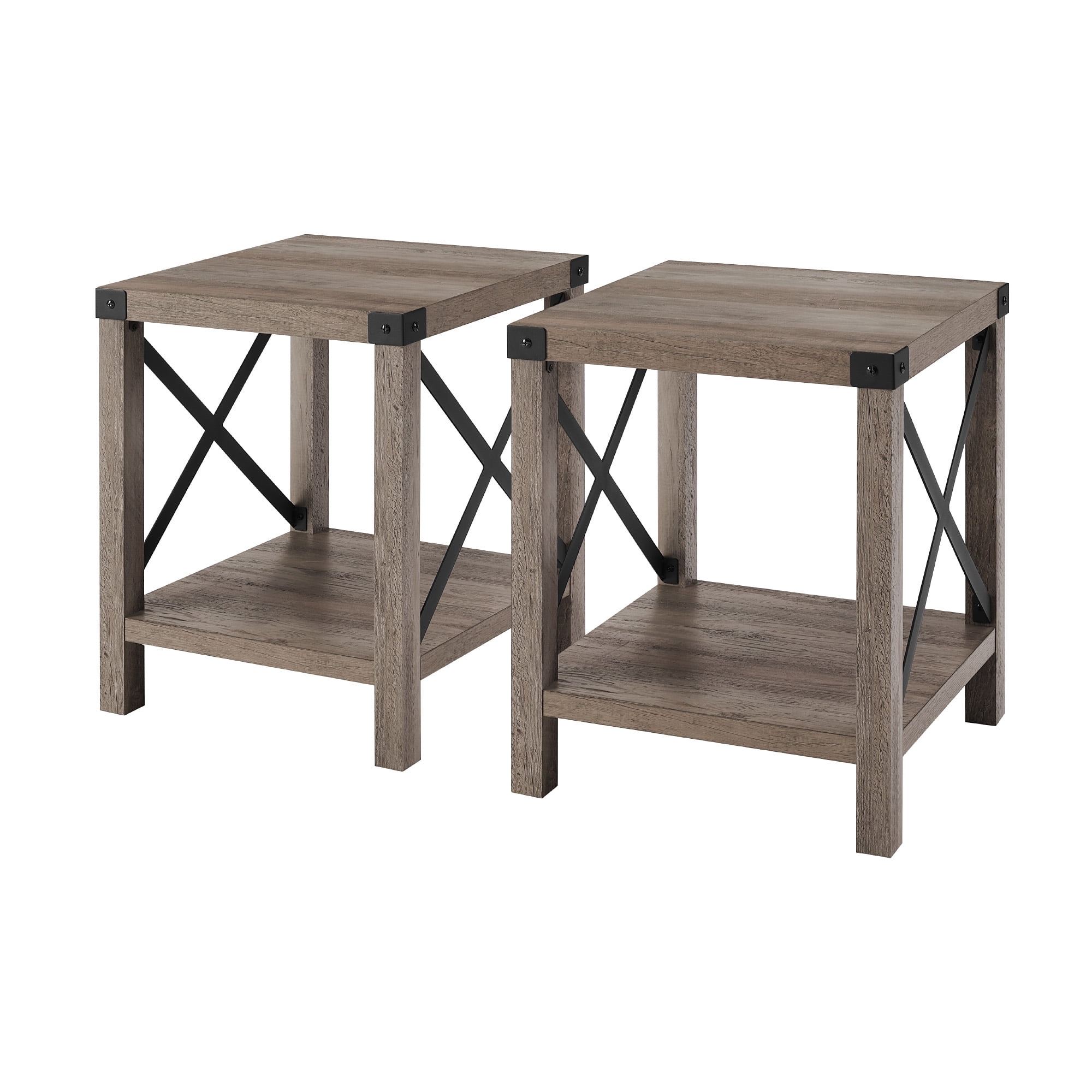 Walker Edison Farmhouse Open Storage Side Table, Set of 2, Grey Wash