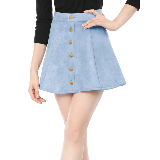 INSPIRE CHIC Falda Corta Acampanada De Cintura Alta Con Cierre De Botón De Gamuza Sintética Para Mujer Azul claro XS