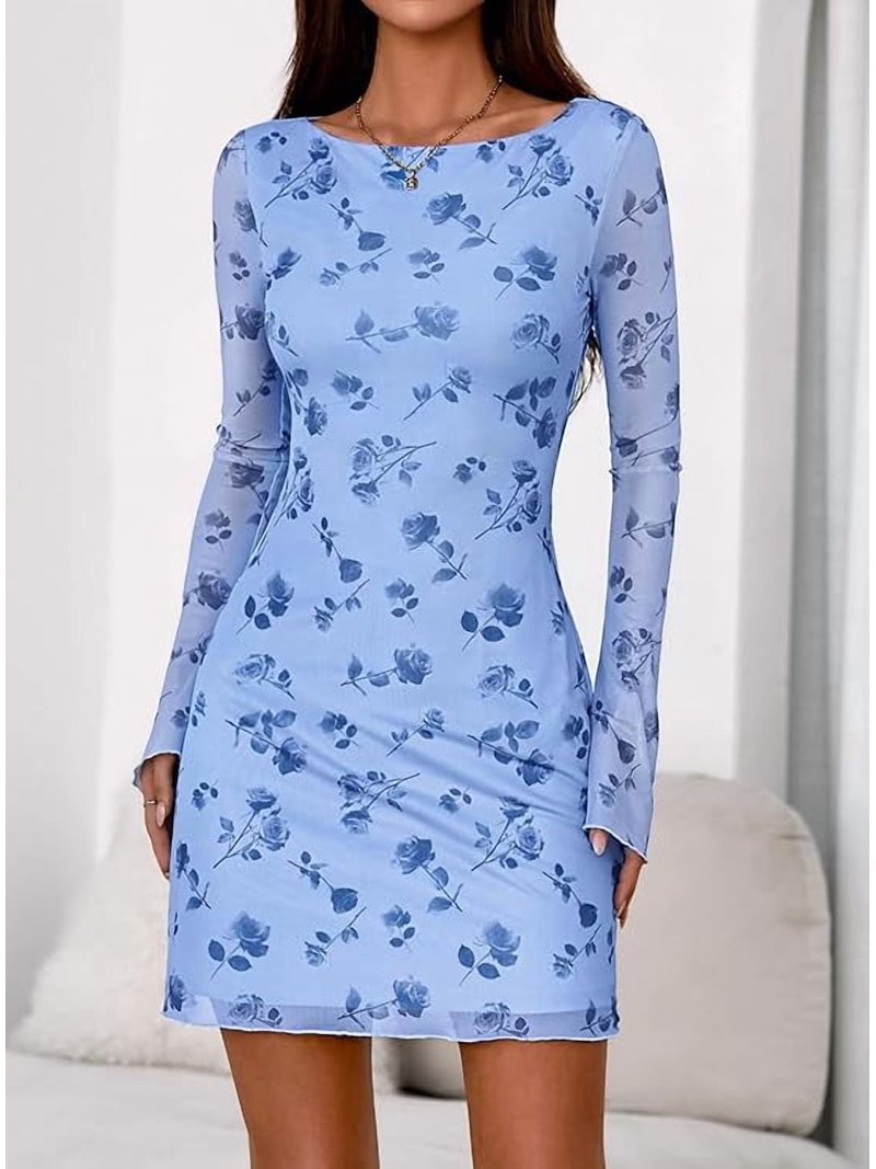 green emerald velvet dress PRETTYGARDEN Women's Fall Fashion Floral Long Sleeve Mini Dress Mesh B