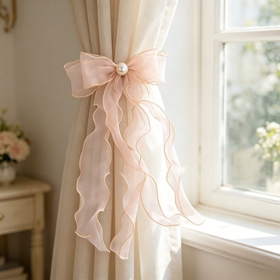 Organza Curtain Tiebacks With Pearl, Sheer Bow Shaped Drape Straps, No-Punch Wavy Tassels In 9 Colors, Elegant Window Decor Accessories I
