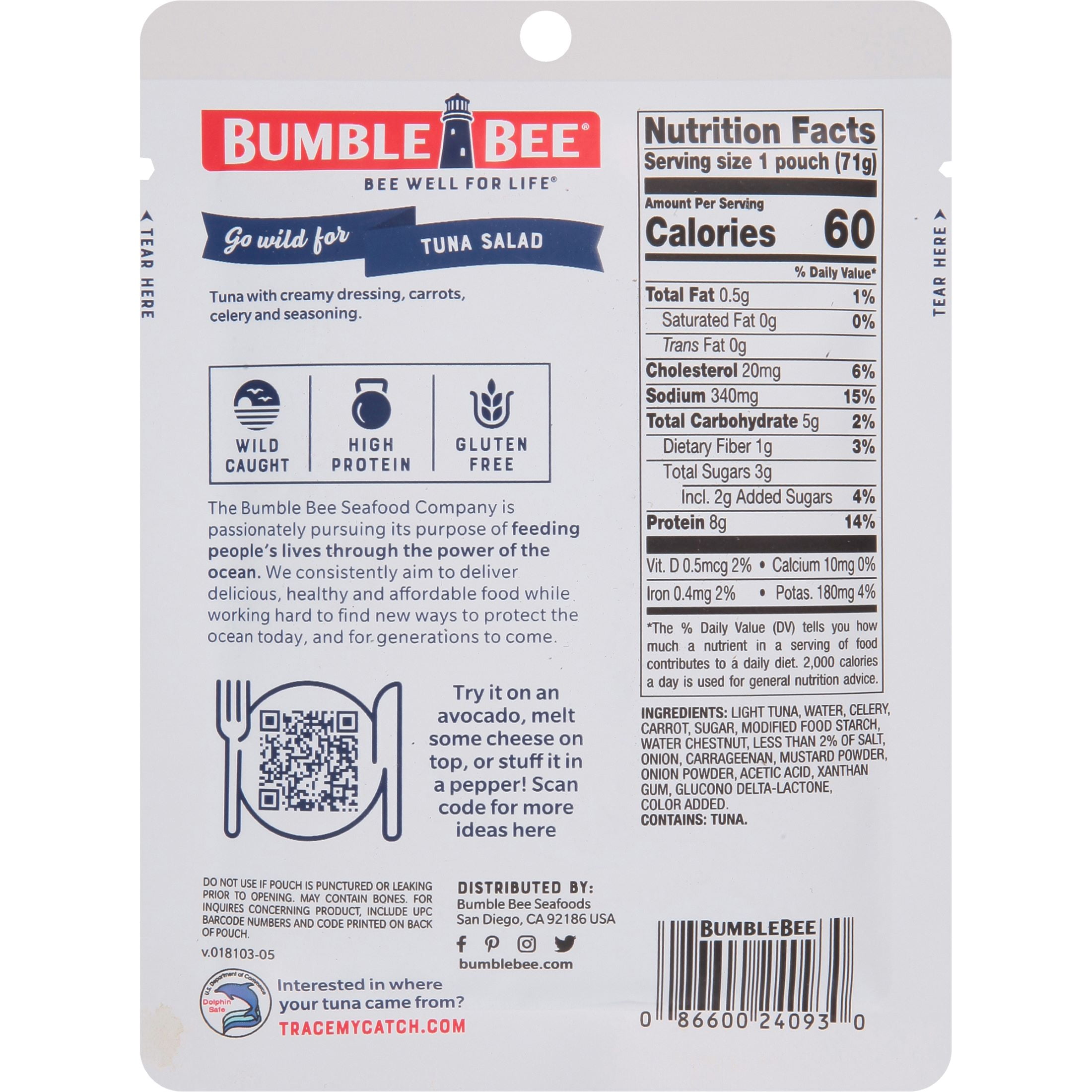 (3 pack) Bumble Bee Tuna Salad Sandwich in Seconds, Wild Caught, Gluten Free, 8g Protein per Serving, Ready to Eat, Shelf-Stable Pouch, 2.5 oz