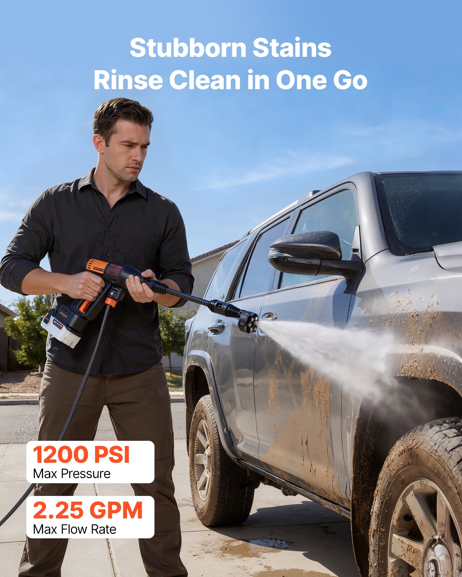 VEVOR Cordless Pressure Washer, 1200PSI MAX Portable Pressure Washer with Brushless Motor, Dual Batteries, 6-in-1 Nozzle & Water Hose, 4 Speed Adjustable, Handheld Power Cleaner for Home Garden Patio