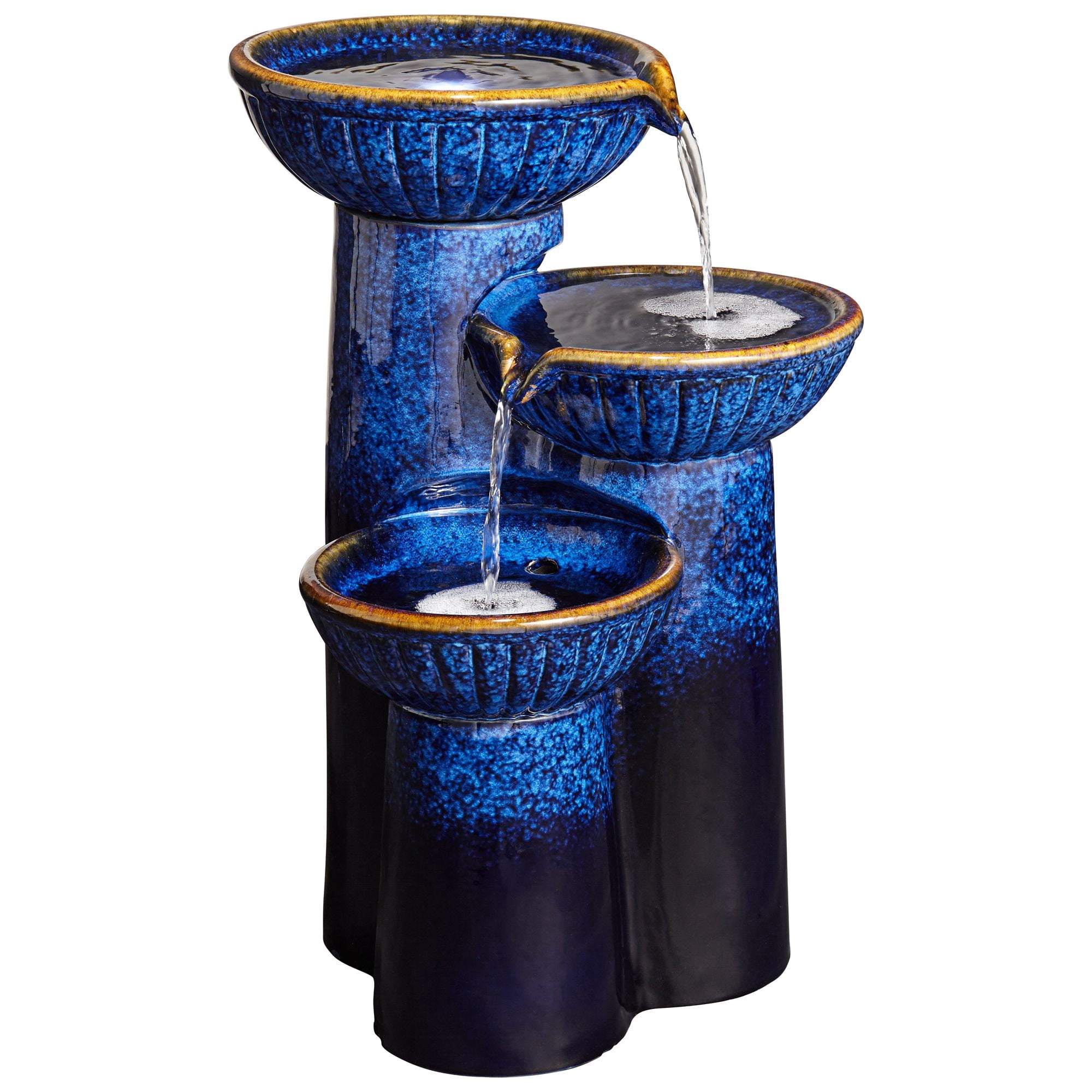 3-Bowl 26 3/4" High Large Modern Outdoor Decor Blue Cobalt Ceramic Floor Fountain with Light LED Garden Patio