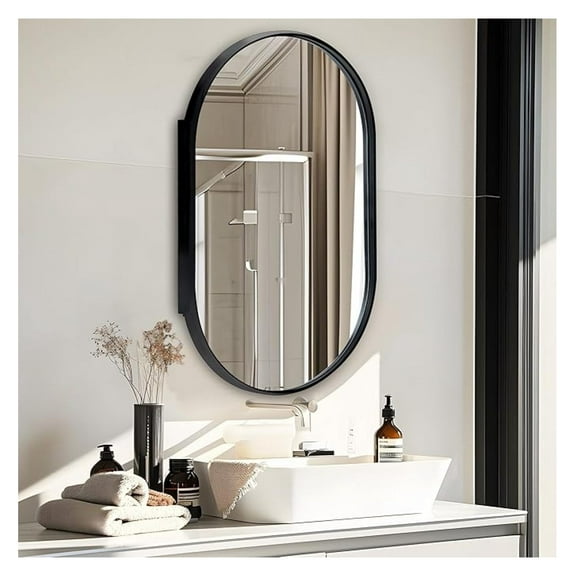 Oval Bathroom Medicine Cabinet with Mirror, 34”x20” Recessed Medicine Cabinet for Bathroom with Beveled Edge Mirror,Black