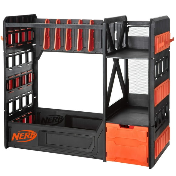 NERF Elite Blaster Rack - Storage for up to Six Blasters, Including Shelving and Drawers Accessories, Orange and Black - Exclusive
