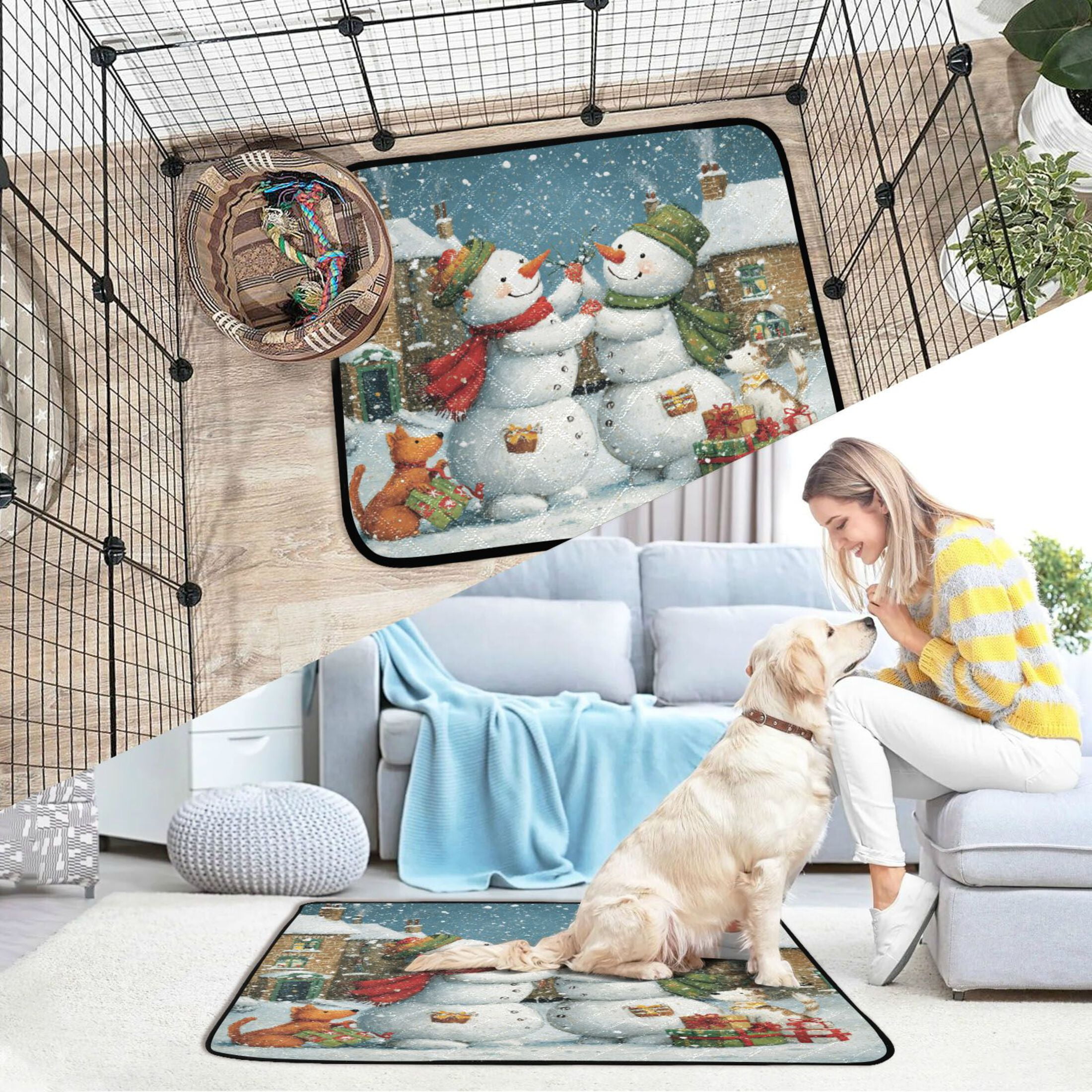 Qxltty Hugging Snowmen Cat litter Pads Pet Set of 2 Diaper Mats Center Anti-leakage Layer Absorbent Soft and Comfortable