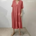 thumbnail image 7 of Casual Loose Dress for Women V Neck Cotton Linen Midi Dress with Pockets Comfy Summer Lounge Sleepwear Outfit, 7 of 7