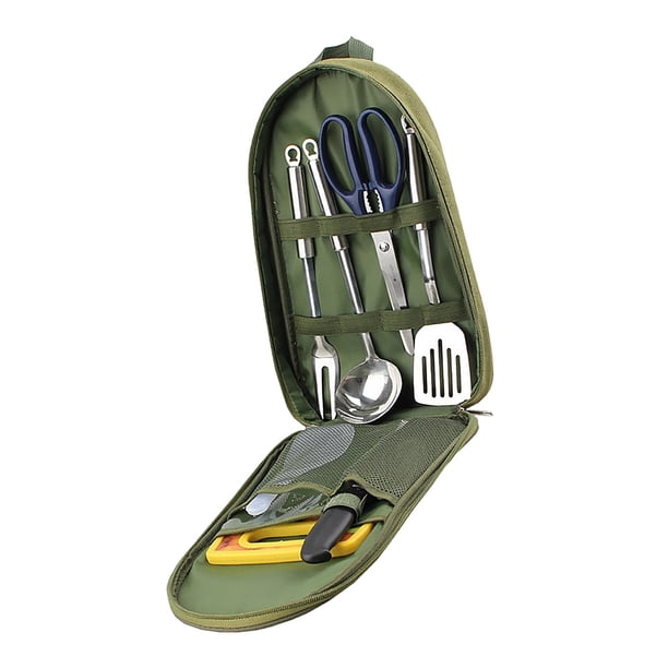7 piezas de utensilios de cocina para acampar, utensilios de cocina, organizador de herramientas de cocina con bolsa de transporte de material acero Verde DYNWAVEMX Utensilios de cocina al aire libre
