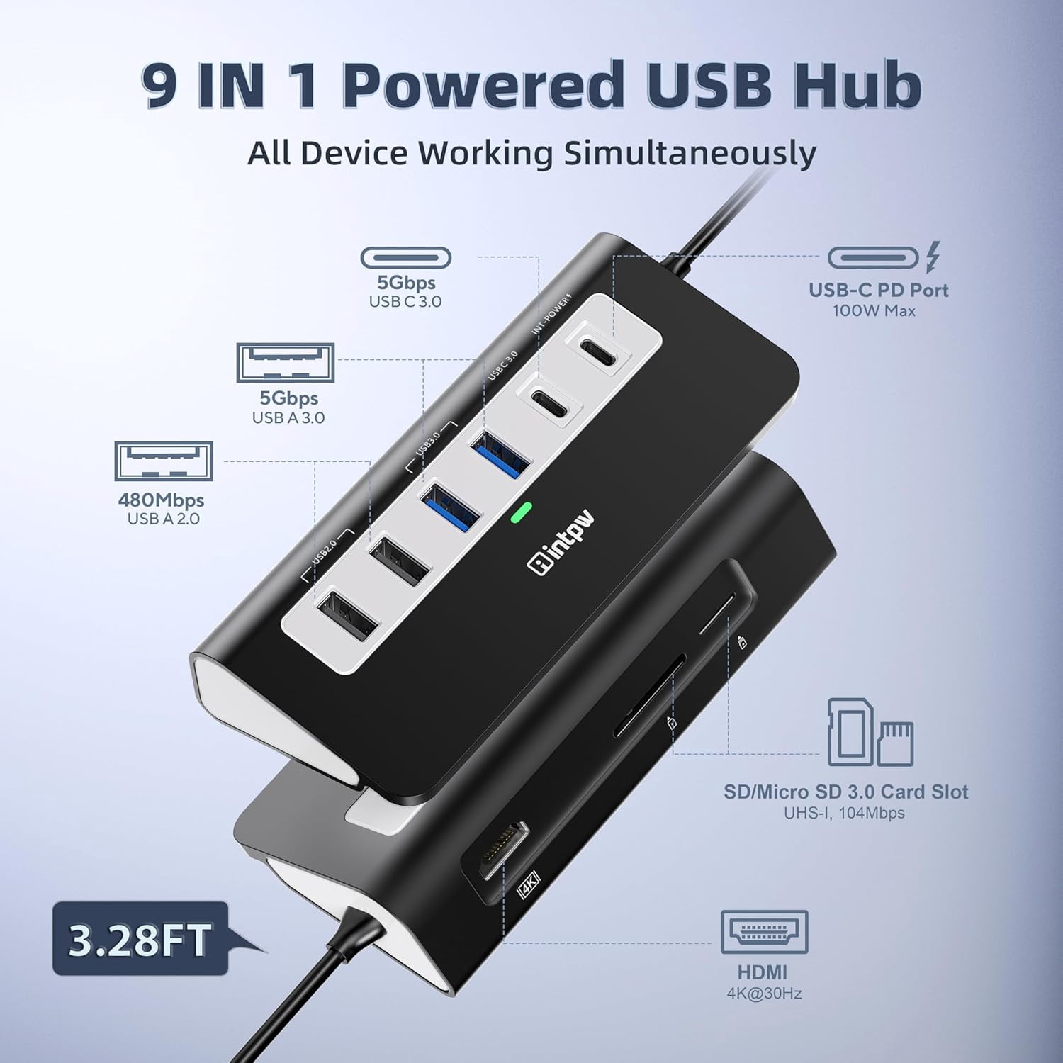 INTPW P9 USB C Hub for Laptop, USB Hub Multiport Adapter with 4K@30Hz HDMI, 100W PD Charging, USB C and USB A Ports, SD/TF Card Reader for MacBook, iPad and Windows PC