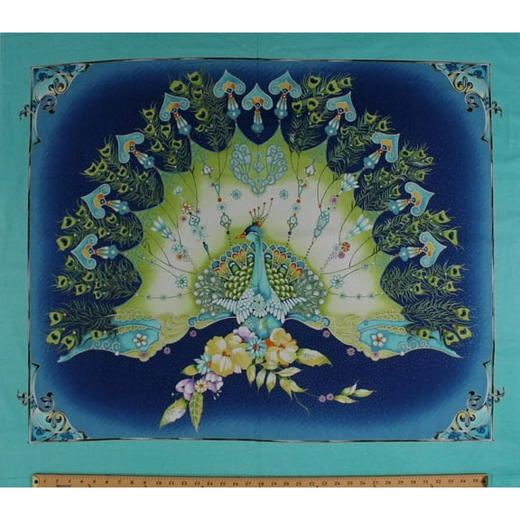 35" X 44" Panel Pretty as a Peacock Feathers Plumes Plumage Flowers Floral Peafowl Bird Blue Cotton Fabric Panel (1649-24934-Y)