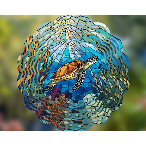 Stained-Glass Sea Turtle Metal Wind Spinner Vibrant Nautical Garden Art, Coastal Outdoor Decor