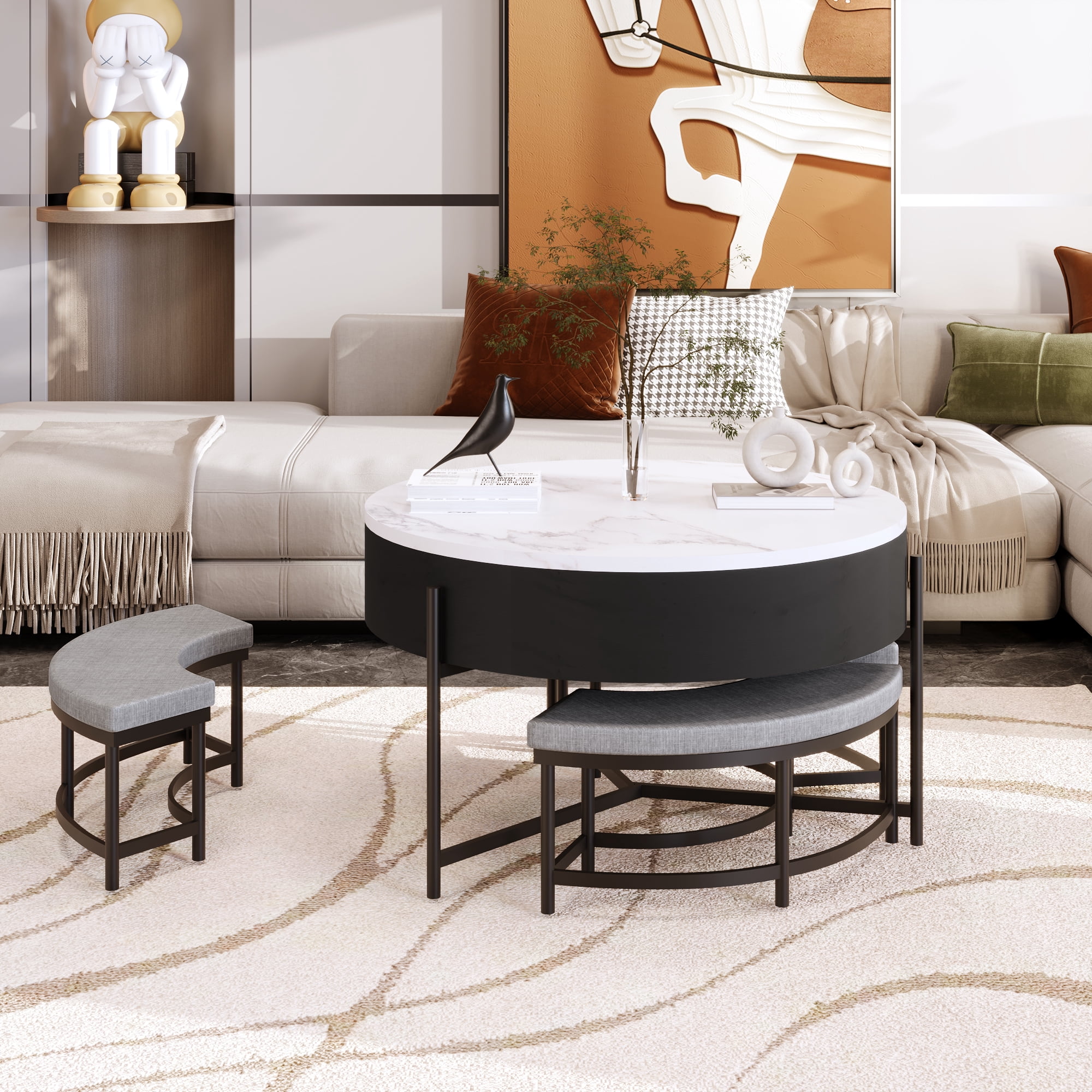 Harper & Bright Designs Round Lift-Top Coffee Table with Ottomans and Storage, Gold Center Table Set with Stools Underneath for Living Room, White & Black