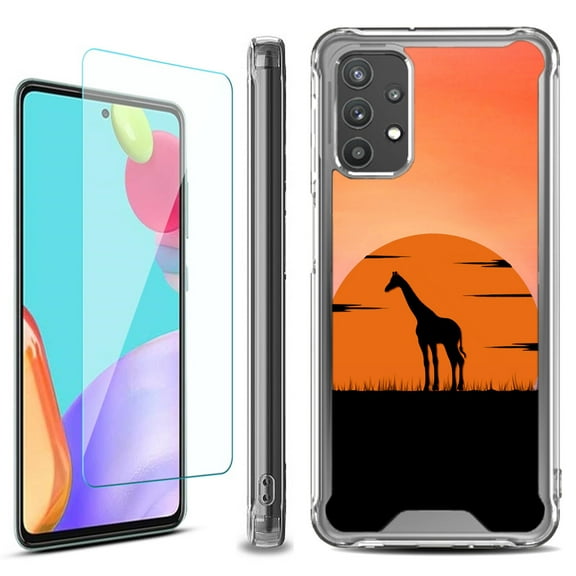 Shockproof Bumper Phone Case for Samsung Galaxy A53 5G, with Tempered Glass Screen Protector, by OneToughShield ® - Sunset Giraffe