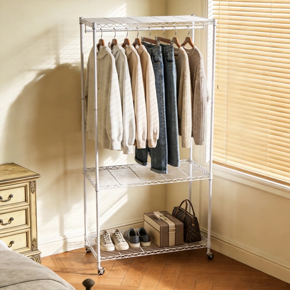 Rolling Clothes Rack, Heavy Duty Garment Rack with 3-Tier Wire Shelves & Hanging Rod, Freestanding Closet Organizer with 360° Wheels, White