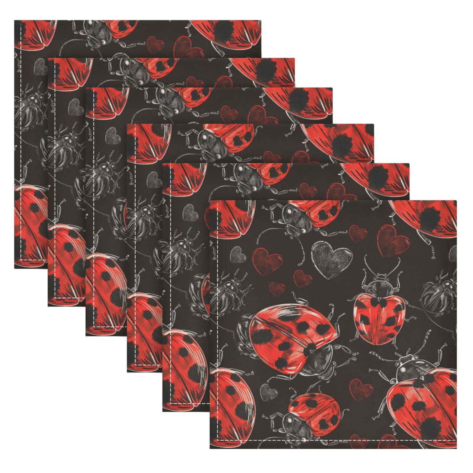 JSTEL Lady Bug Hearts Cloth Napkins Set of 6, 20x20 Inch Washable and Reusable Napkin for Decoupage Dinner Party Everyday Use