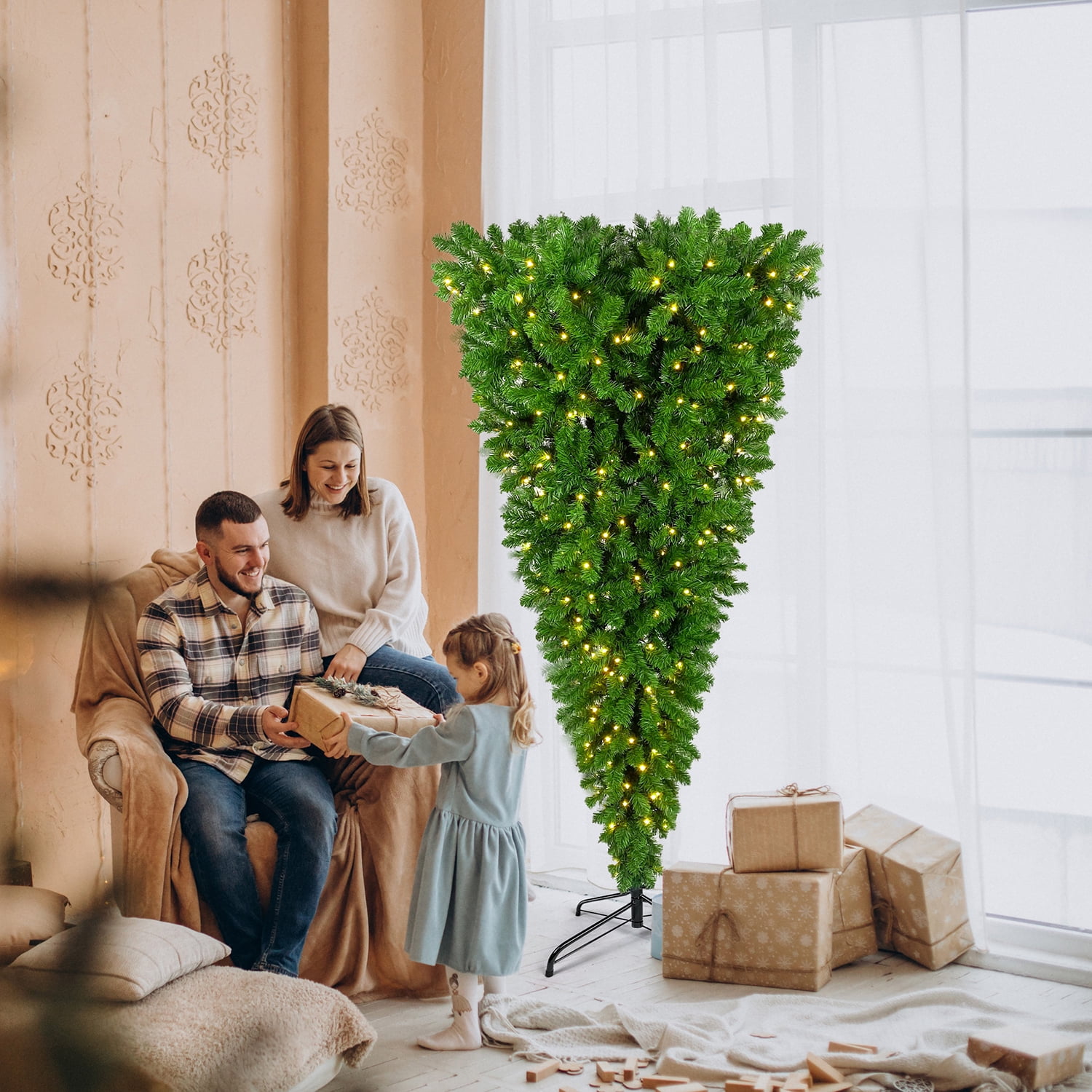 Kadyn Upside Down Green Christmas Tree, Xmas Tree with LED Warm White Lights, Reinforced Metal Base & Easy Assembly 6ft, w/1,000 Lush Branch Tips, 360 LED Lights X-mas