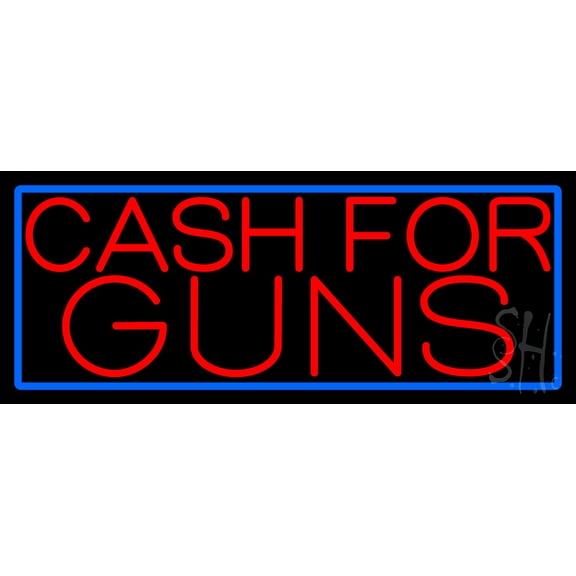 Cash For Guns Blue Border LED Neon Sign 13 x 32 - inches, Black Square Cut Acrylic Backing, with Dimmer - Bright and Premium built indoor LED Neon Sign for Defence Force.