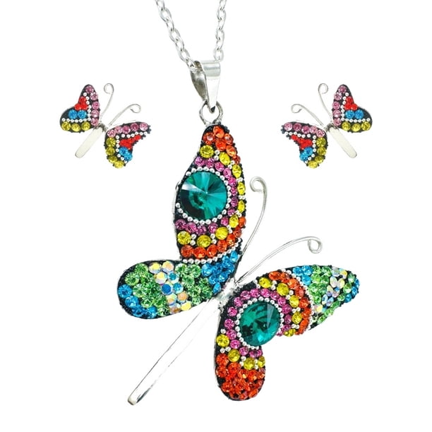Juego de aretes y cadena ZVEZDA con dije mariposa plata mexicana ley .925 multicolor