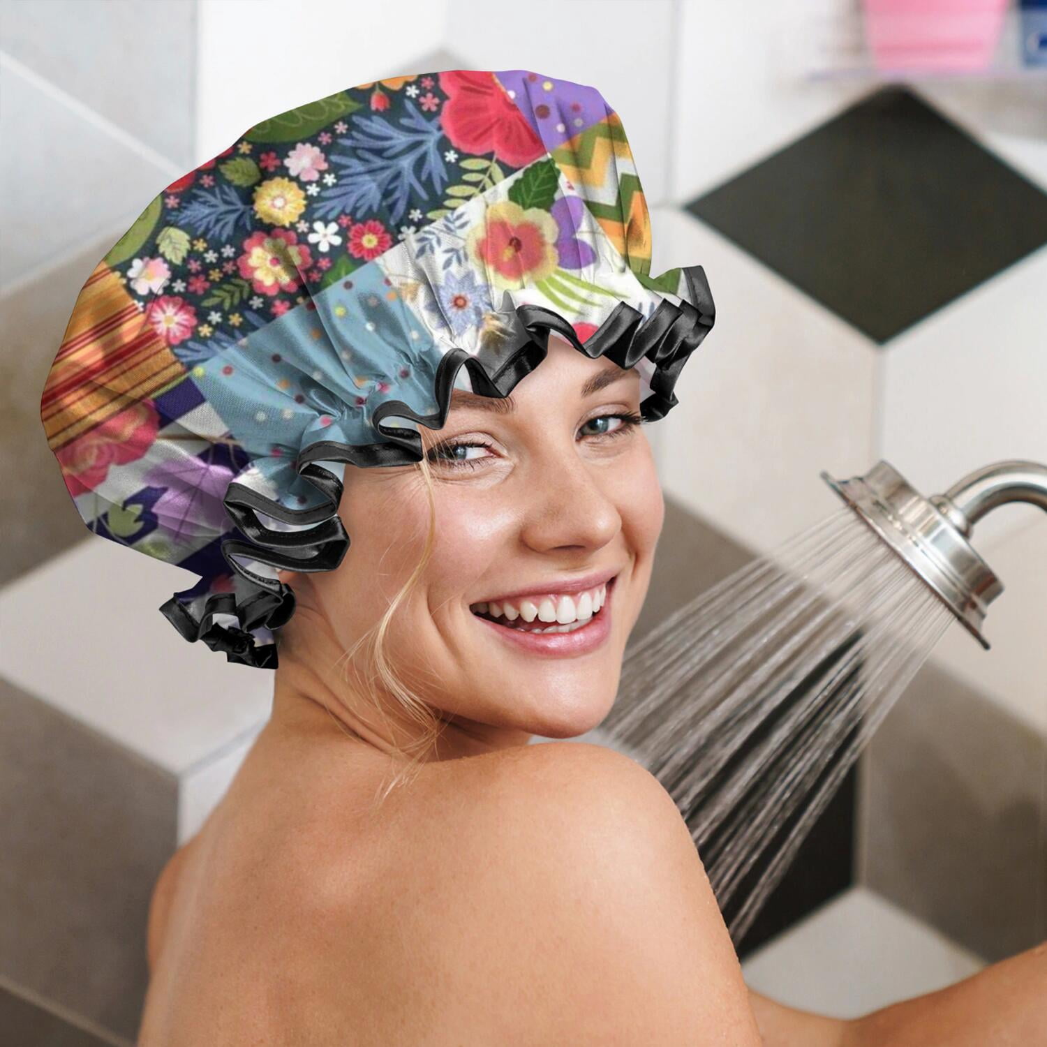 Shower Caps,Pioneer Flower Floral Print Pattern Waterproof Shower Cap for Women 4 Pieces,Double Reusable Hair Cover for Shower PEVA Elastic Stretch Hem