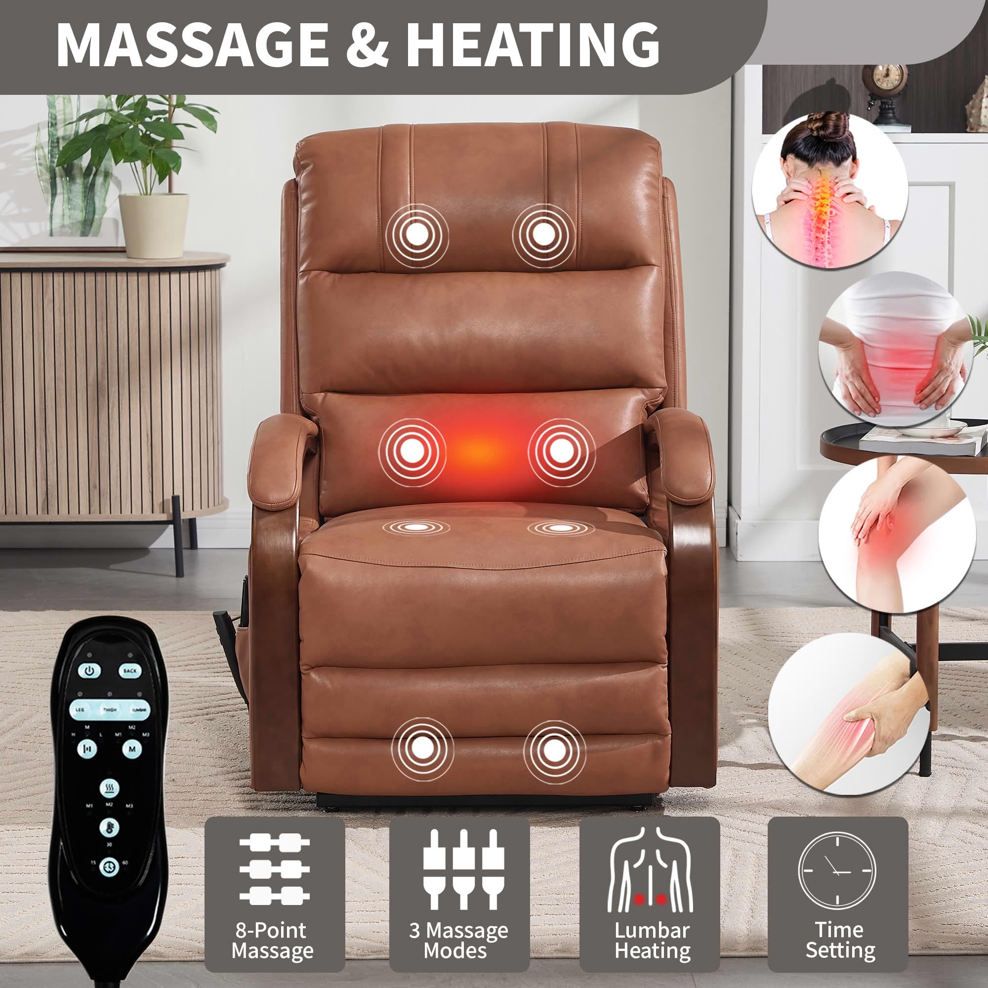 MAYEERTY Orange Leatheraire Dual Motor Power Lift Recliner, 350lbs Solid Wood Armrest Massage Heat 30"x36"x43" for Elderly