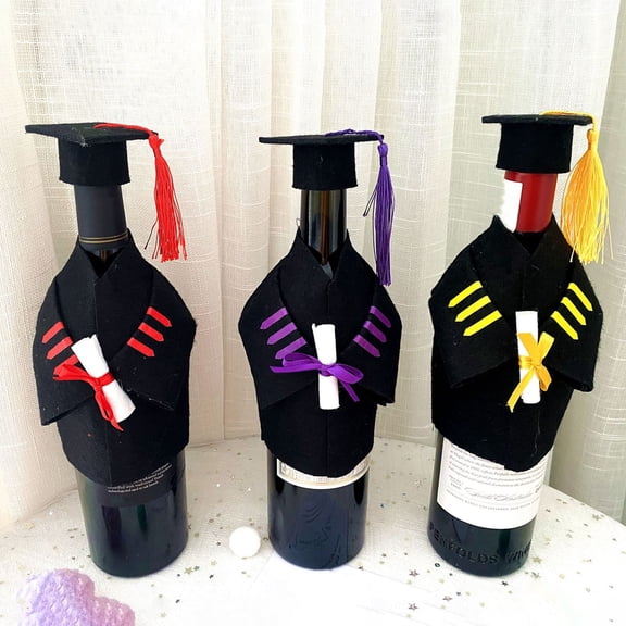 Xioeram 2Pcs/Set Felt Graduation Wine Jacket Bottle Cap Wine Coat Bottle Covers Set Gown Cap Toppers with Mini Tassel Doctor Party Decoration