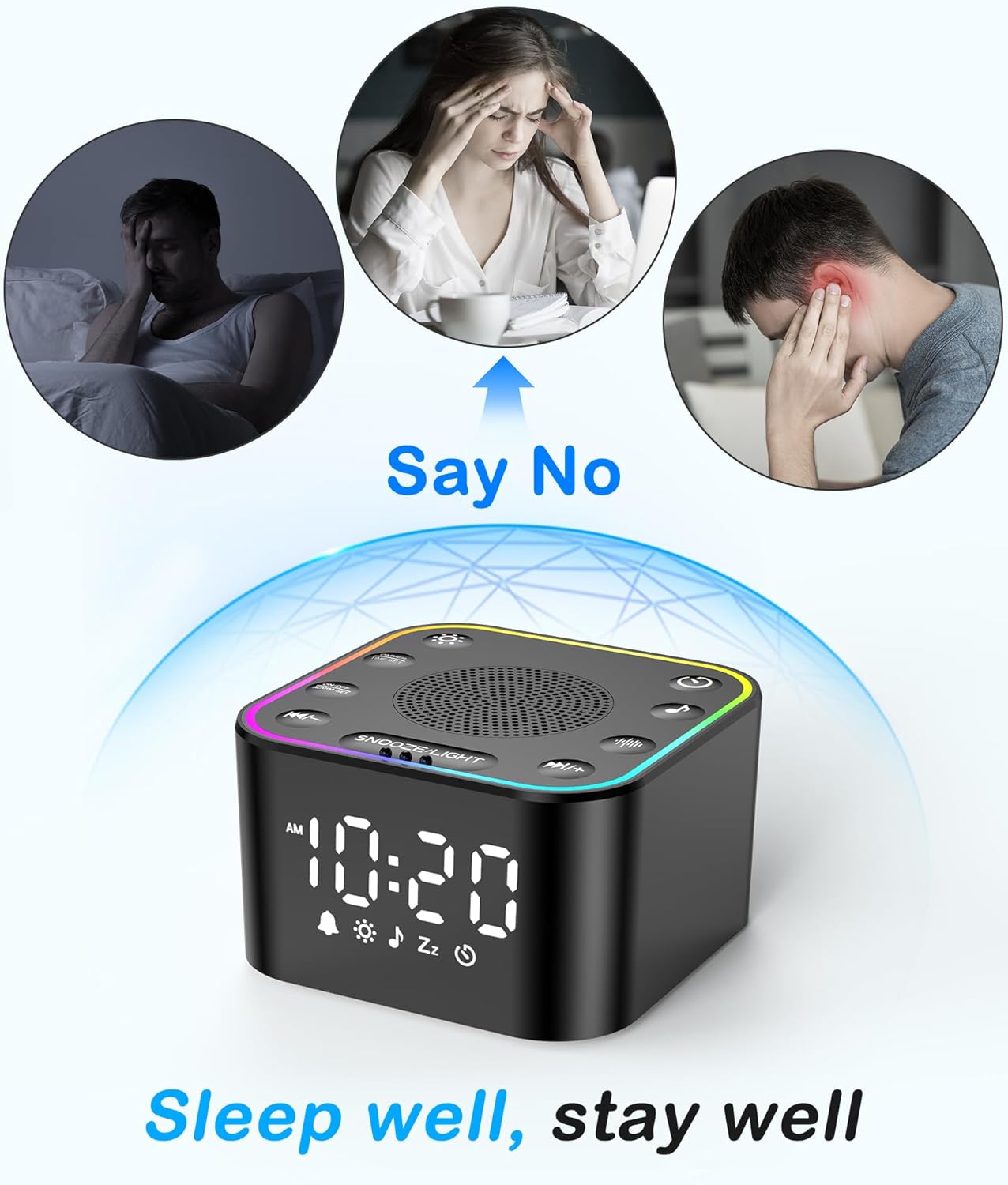 RGHJAR-White Noise Sound Machine: 30 Non-Looping Sleep Sound Therapy for Adults - Noise Canceling for Bedroom, Adjustable Night Light & Timer, Built-in Alarm Clock