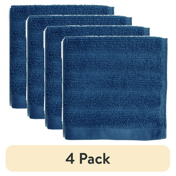 (4 pack) Mainstays Performance Cotton Washcloth, Super Soft Quick Dry Fade Resistant, Textured Navy