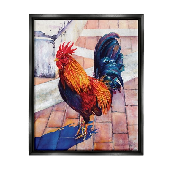 Stupell Industries Rooster Standing on Bricks Animals & Insects Painting Black Floater Framed Art Print Wall Art, 17 x 21