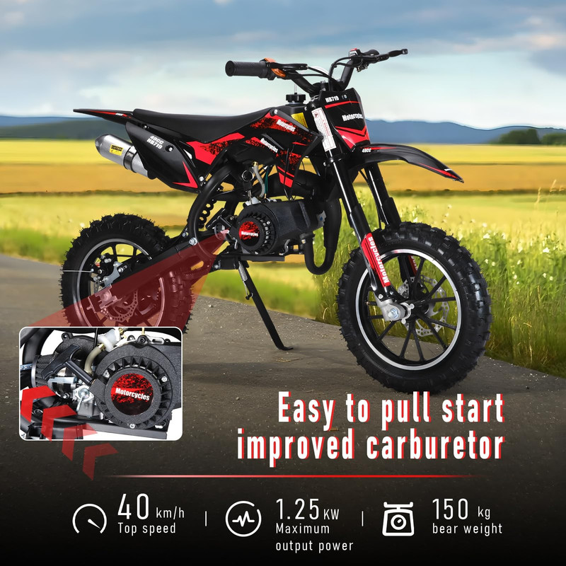 Seipouy 49CC 2-Stroke Kids Dirt Bike, Upgraded Gas Dirt Bike for Kids 8-14, Gas Power Motocross, Off Road Mini Motorcycle, Pocket Motorbike with Dual Disc Brakes, Summer Outdoor Adventure Toys