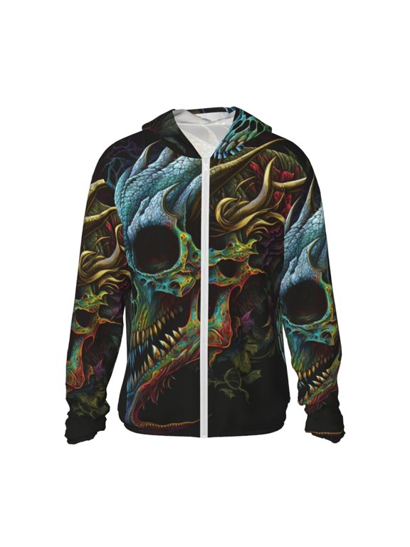 Women Men Sun Protection Hoodie Jacket Zip Long Sleeve Shirt Hiking Outdoor , Skull Dragon Death Psychedelic Vintage